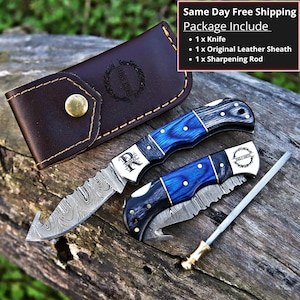 Handmade Damascus Pocket Knife Blue Wood Handle Birthday Gift Folding Knife Groomsmen Gift Anniversary Wedding Personalized Gift for Men