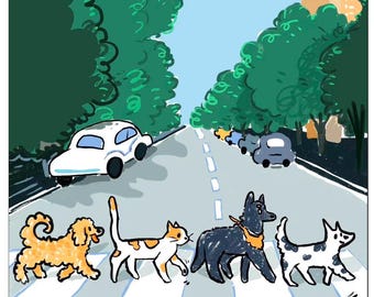 May include: A colourful illustration of four animals walking across a white-striped crosswalk on a city street. The group includes a golden curly-haired dog, a white and orange cat, a dark grey dog with a bandana, and a white dog with black spots.