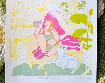 May include: A pink and yellow illustration of a woman sitting on a couch with a cat. The woman is holding a hairdryer and a small object. The text "Messages From Her" is at the bottom of the image.