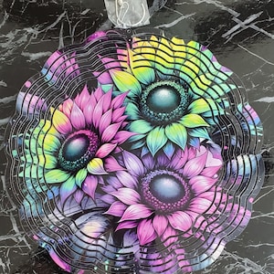 Neon Sunflower Wind Spinner: Double Sided Metal Yard Art