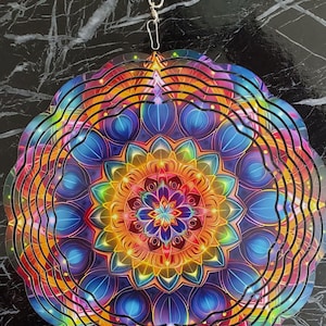 Neon Mandala Wind Spinner: Double Sided Metal Yard Art