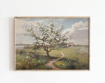 Stampa di paesaggio primaverile del frutteto: albero in fiore in stile Cottagecore (download digitale)