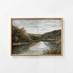 Stimmungsvolle Landschaft Wandkunst, Herbstwald Fluss Malerei druckbare, Vintage Herbst Naturszene für Wohnkultur, rustikale digitale Download Kunst | 56