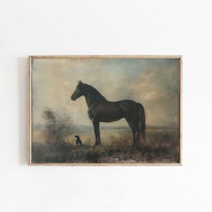 Lámina artística vintage de caballo y perro, decoración rústica de animales de granja, obra de archivo ecuestre, acogedor regalo cottagecore para interiores durante todo el año.