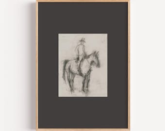Cowboy on Horse Print: Rustic Western Ranch Charcoal Sketch (Digital Download)