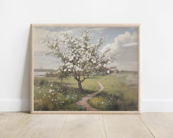 Stampa di un albero da frutteto in fiore: arte paesaggistica di una fattoria