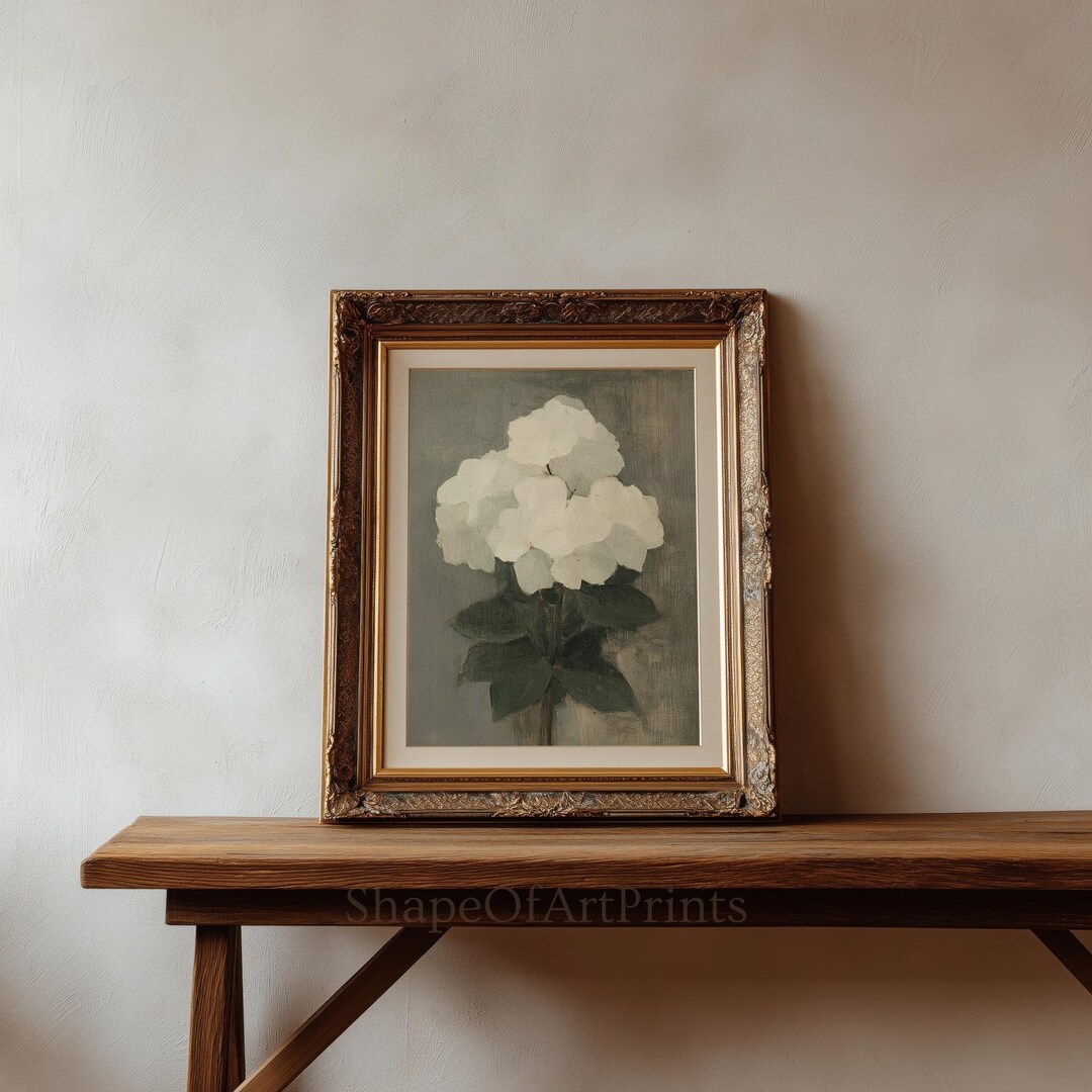 White Hydrangea Botanical Wall Art Print, Vintage Floral Oil Painting ...