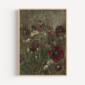 Vintage Poppy Flower PRINTABLE Art, Dark Botanical Wall Art, Romantic Cottage core Floral Painting, Moody Wildflower Digital Download | 125