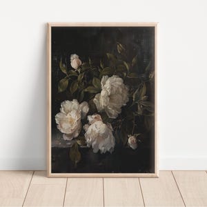 Elegant White Peony Floral Wall Art Print, Vintage Botanical Flower Painting, Romantic Home Decor Gift For Her, Dark Floral Wall Art
