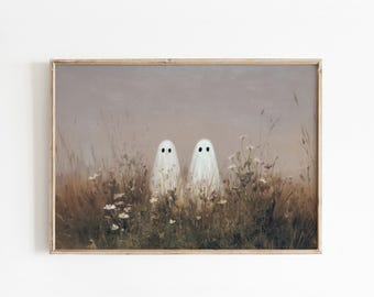 May include: Framed art print featuring two white ghost figures standing in a field of tall grass and wildflowers. The artwork has a vintage aesthetic with a muted color palette of browns, greens, and a soft gray sky.