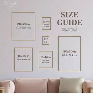 May include: A size guide graphic displays popular printable sizes in inches and centimeters. Sizes include 20x24 in, 8x10 in, 5x7 in, 16x20 in, 11x14 in, and 20x30 in. The text "SIZE GUIDE" is prominently displayed.