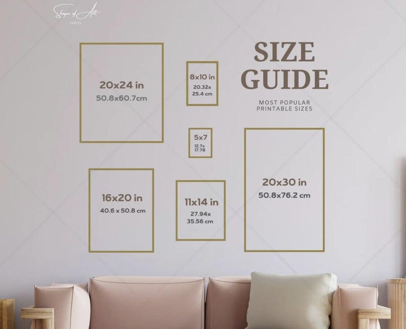 May include: A size guide graphic displays popular printable sizes in inches and centimeters. Sizes include 20x24 in, 8x10 in, 5x7 in, 16x20 in, 11x14 in, and 20x30 in. The text "SIZE GUIDE" is prominently displayed.