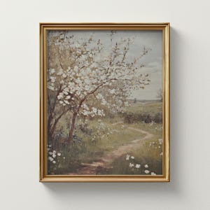 春の花の小道プリント：居心地の良いコテージコアウォールアート（デジタルダウンロード）