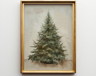 May include: A framed print featuring a detailed painting of a green evergreen tree. The artwork is set against a neutral background and framed in a gold-colored frame. The text "ShapeOfArtPrints" is at the top of the frame.