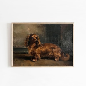 Pintura al óleo vintage de un perro salchicha de pelo largo (descarga digital)