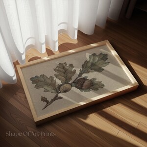 May include: A framed print featuring a detailed illustration of oak leaves and acorns in shades of green and brown. The artwork is set against a neutral background and framed in a light wood. The text "Shape Of Art Prints" is visible at the bottom.