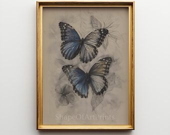 Stampa artistica di farfalla blu: illustrazione realistica di uno schizzo della natura