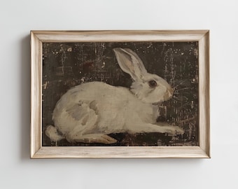 Vintage White Rabbit Painting: Rustic Farmhouse Art (Digital Download)