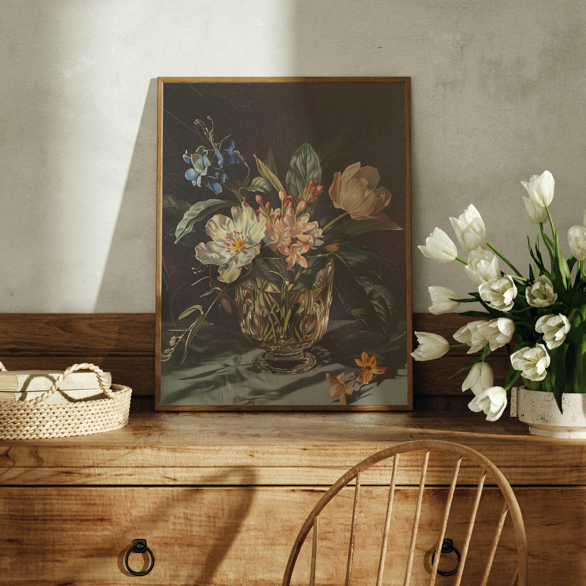 Vintage Floral Still Life Art Print: Crystal Vase Bouquet (printable ...