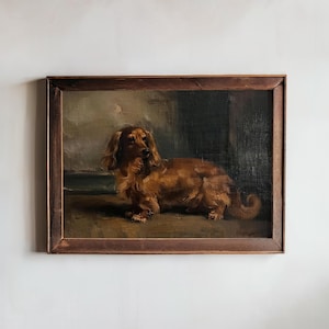Dachshund Dog Wall Art, Vintage Oil Painting Style Pet Portrait, Long Haired Wiener Dog Print, Rustic Animal Decor