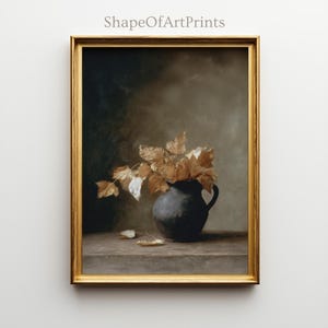 Still Life Wall Art: Golden Dried Leaves - Rustic Earthen Jug (Instant Download)