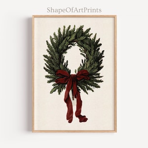 Vintage Evergreen Christmas Wreath Print, Red Ribbon Holiday Art, Classic Winter Decor, Festive Botanical Illustration, DIGITAL DOWNLOAD