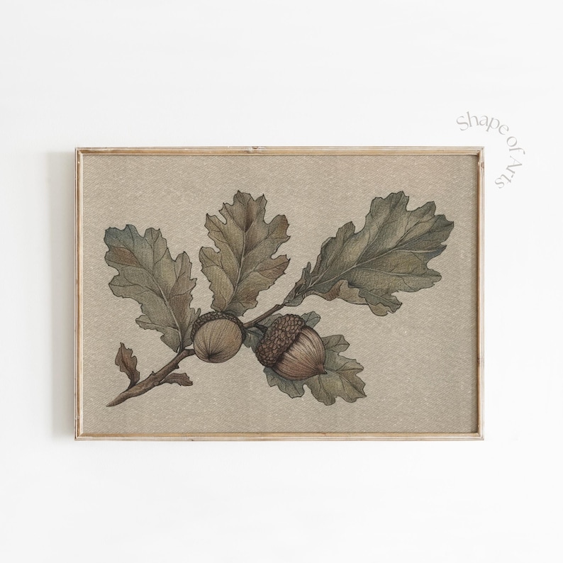 May include: A framed botanical print featuring an oak branch with leaves and acorns. The artwork is rendered in muted green and brown tones, set against a beige background. The frame is a light wood color.