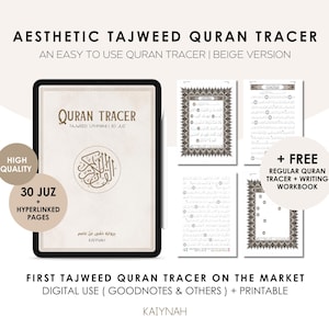 Op de afbeelding: Beige digitale Koran-tracer met de tekst "Quran Tracer" en "Tajweed Uthmani 30 Juz" op de omslag. De tracer bevat 30 Juz en hyperlinks naar pagina's. Een gratis reguliere Koran-tracer en een schrijfwerkboek zijn ook inbegrepen.