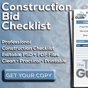 Liste de contrôle de soumission de construction | Feuille de comparaison des estimations de l'entrepreneur | PDF modifiable PSD | Outil de planification de rénovations et de constructions