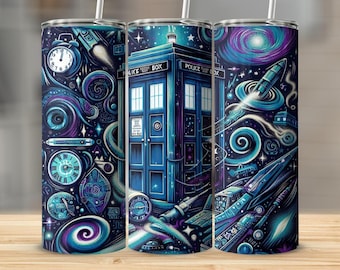 May include: A tumbler with a vibrant, space-themed design. The artwork features a blue police box, clocks, rockets, and swirling galaxies in shades of blue, purple, and teal. The tumbler includes a white straw.