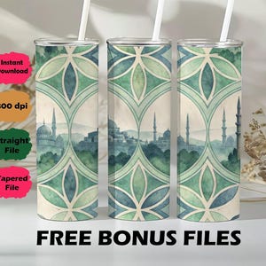 Puede incluir: Tres vasos de acero inoxidable con pajitas blancas. Los vasos presentan un patrón geométrico verde y azul repetido sobre una imagen de acuarela de un paisaje urbano con cúpulas y minaretes. Las palabras "FREE BONUS FILES" están en la parte inferior.