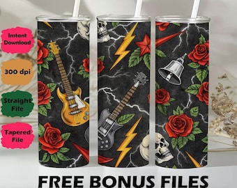 May include: Three stainless steel tumblers with a rock and roll theme. Each tumbler features a black background with lightning bolts, guitars, roses, skulls, and the text "FREE BONUS FILES".
