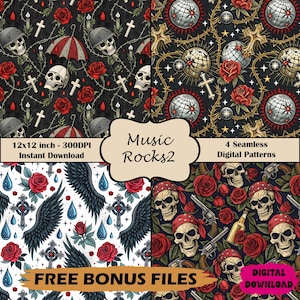 Goth Floral Skull Seamless Pattern: Rose Cross Barbed Wire Digital Paper