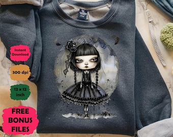 Gothic Lolita Doll PNG, Crescent Moon T-Shirt Design, Dark Art Hoodie, Spooky Girl Clipart, digitaler Download