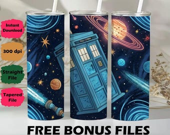 May include: Three stainless steel tumblers with white straws. Each tumbler features a space-themed design with planets, stars, and a blue police box. The text "FREE BONUS FILES" is at the bottom. The tumblers are cylindrical.