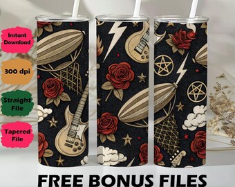 May include: Three stainless steel tumblers with white straws feature a black background with a repeating pattern of roses, guitars, zeppelins, lightning bolts, stars, and clouds. The text "FREE BONUS FILES" is at the bottom.