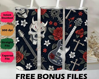 May include: Three stainless steel tumblers with white straws. Each tumbler features a dark background with skulls, guitars, red roses, and white flowers. The words "FREE BONUS FILES" are at the bottom.
