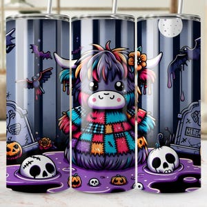 May include: A Halloween-themed tumbler featuring a cartoon Highland cow with colorful patchwork fur. The design includes bats, tombstones, pumpkins, and skulls in a spooky purple setting. The tumbler has a silver straw.