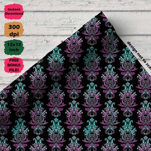 May include: Black fabric with a repeating pattern of teal and pink floral designs and Stormtrooper helmets. The image includes text that says "Instant Download", "300 dpi", "12x12 inch", and "FREE BONUS FILES".