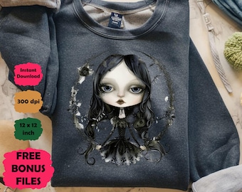 Gothic Doll Illustration, dunkle Kunst PNG, Rosen digitaler Download, gruseliges Mädchen T-Shirt, Hoodie Design, Emo Clipart