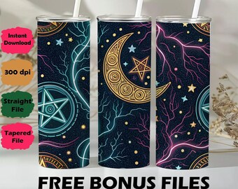 Naadloze digitale bekeromslag, mystiek pentagram maansterren kosmische nachtelijke hemelsublimatie, heksachtige neongloedontwerp, 20oz mager, png PNGEgg