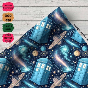 May include: A blue and navy patterned design featuring a repeating pattern of a blue police box, planets, galaxies, and stars. The design includes the text "Instant Download", "300 dpi", "12x12 inch", and "FREE BONUS FILES".