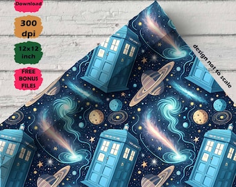 May include: A blue and navy patterned design featuring a repeating pattern of a blue police box, planets, galaxies, and stars. The design includes the text "Instant Download", "300 dpi", "12x12 inch", and "FREE BONUS FILES".