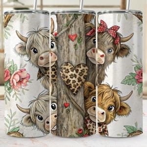 Seamless Digital Tumbler Wrap Cute Highland Cow Baby Calves Valentine Peekaboo Farmhouse Roses 20oz Skinny Sublimation PNG