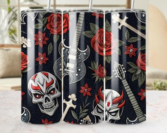 May include: A black tumbler with a repeating pattern of red roses, guitars, skulls, and crosses. The design features a dark background with a grunge aesthetic, suitable for music lovers or those with a gothic style.