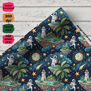 Puede incluir: Tela azul oscuro con un patrón repetido de astronautas, planetas, estrellas, palmeras y faros. El diseño incluye el texto "Instant Download", "300 dpi", "12x12 inch" y "FREE BONUS FILES".