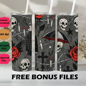 Seamless Digital Tumbler Wrap Goth Skulls & Roses Barbed Wire Design 20oz Skinny Sublimation PNG Instant Download Edgy Aesthetic