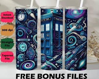 May include: A set of three stainless steel tumblers with white straws. Each tumbler features a vibrant, space-themed design with clocks, rockets, and a blue police box. The words "FREE BONUS FILES" are printed at the bottom.