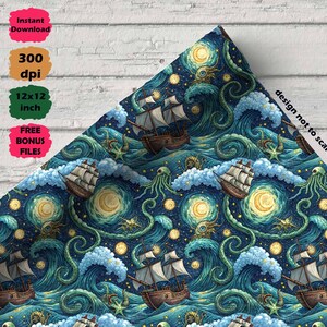 May include: A digitally designed fabric featuring a nautical theme with sailing ships, swirling waves, and celestial elements. The design includes a dark blue background with yellow moons, stars, and stylized sea creatures. The text "Instant Download", "300 dpi", "12x12 inch", and "FREE BONUS FILES" is visible.