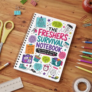 May include: A spiral-bound notebook titled The Freshers Survival Notebook with colorful illustrations including a laundry basket, alarm clock, instant noodles, and keys. The cover features text about student life, including New Friends, No Money & Absolutely No Idea.